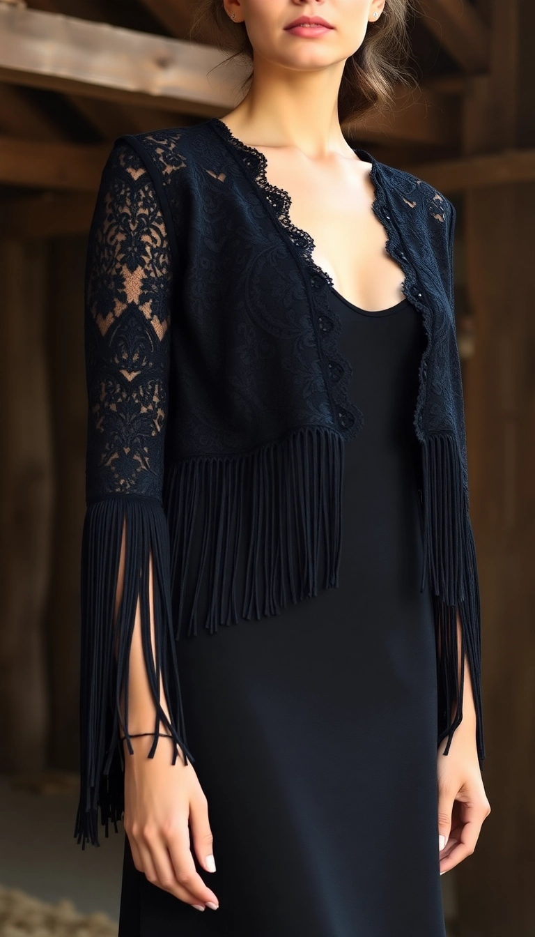 13 Gothic Outfit Ideas That Blend Edgy with Western Charm (Get Inspired by #5!) - 1. Black Lace Fringe Jacket
