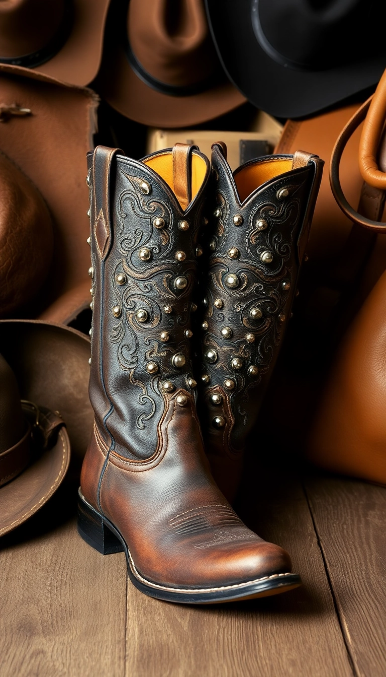 13 Gothic Outfit Ideas That Blend Edgy with Western Charm (Get Inspired by #5!) - 5. Vintage Western Boots with Studded Details
