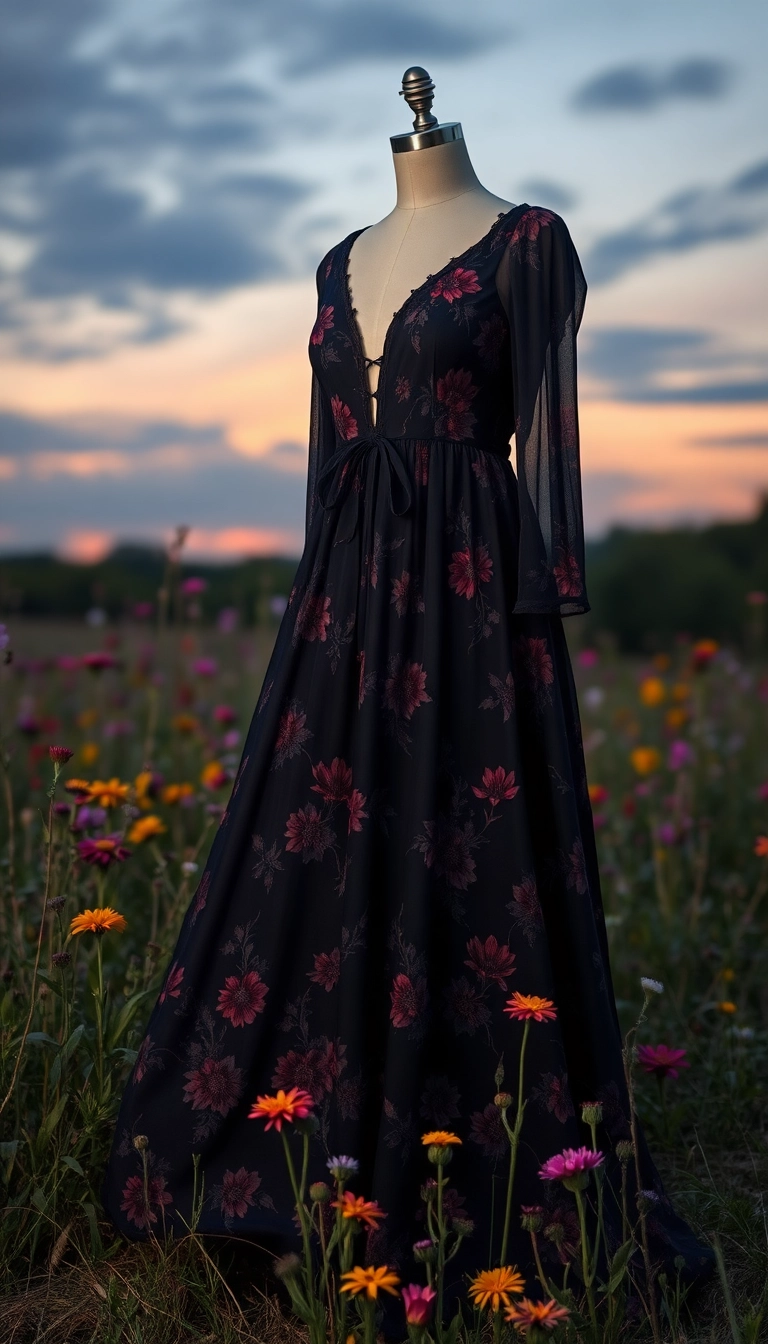 13 Gothic Outfit Ideas That Blend Edgy with Western Charm (Get Inspired by #5!) - 6. Dark Floral Maxi Dress