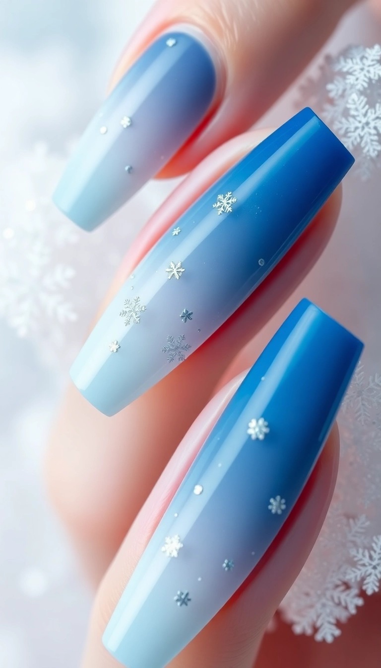 21 Gorgeous Coffin Nail Designs Perfect for Your Winter Wonderland! - 1. Icy Blue Ombré