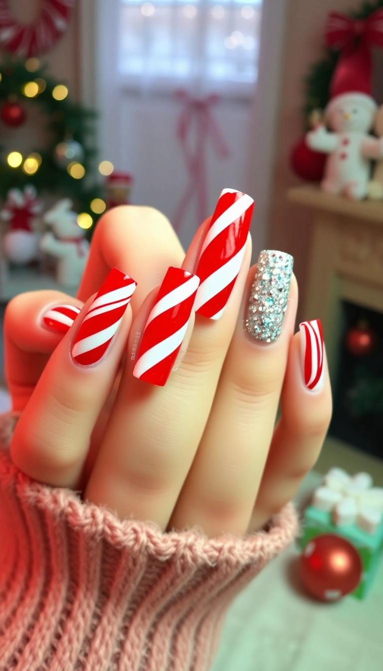 21 Gorgeous Coffin Nail Designs Perfect for Your Winter Wonderland! - 10. Candy Cane Stripes
