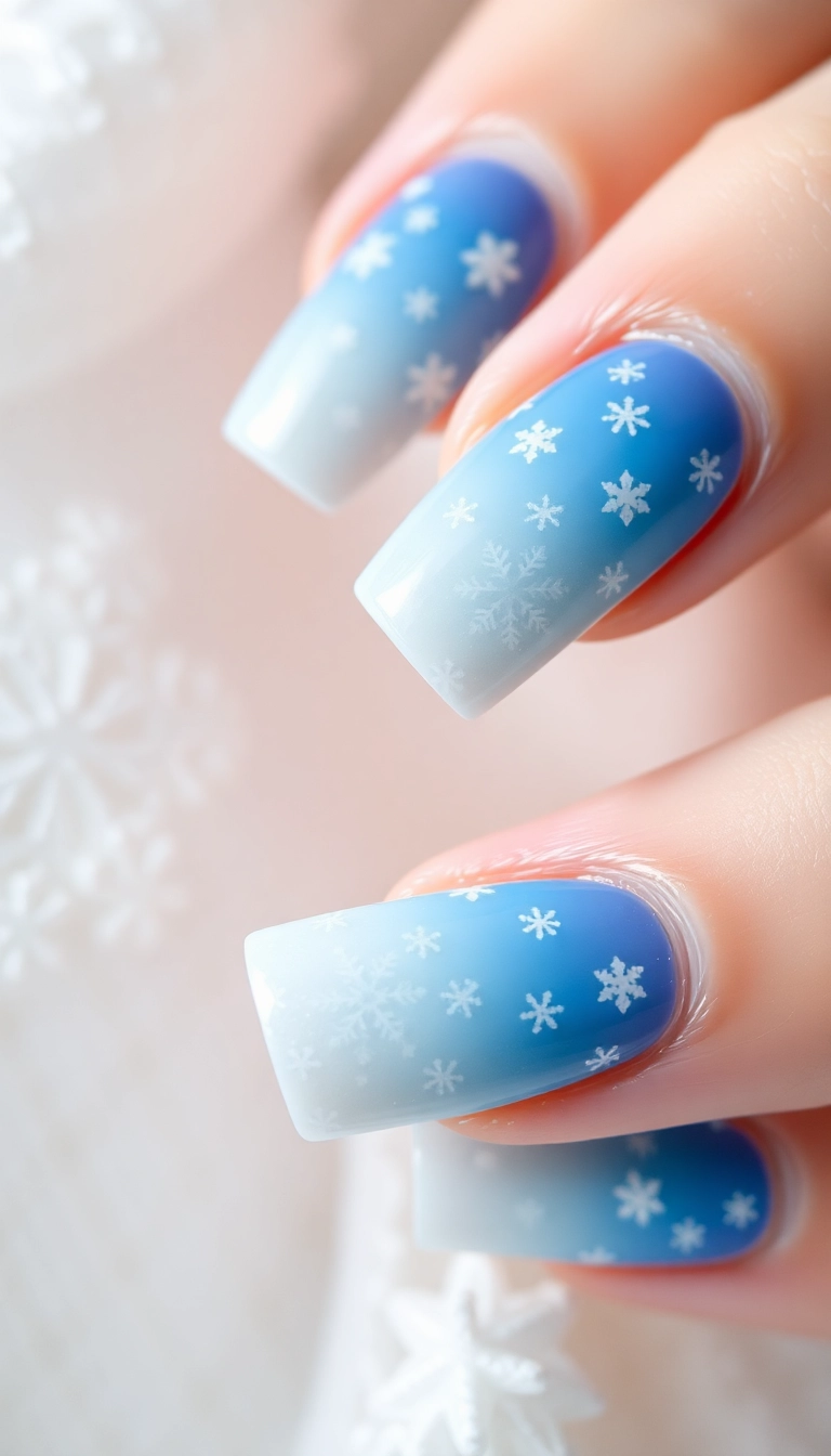 21 Gorgeous Coffin Nail Designs Perfect for Your Winter Wonderland! - 12. Wintry Ombre with Snowflakes