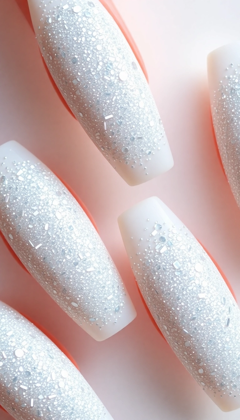 21 Gorgeous Coffin Nail Designs Perfect for Your Winter Wonderland! - 17. Silver and White Glitter