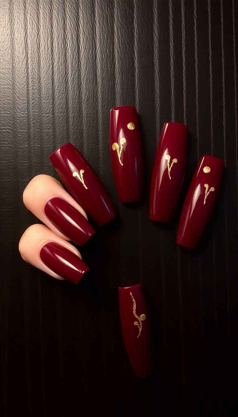 21 Gorgeous Coffin Nail Designs Perfect for Your Winter Wonderland! - 19. Elegant Burgundy with Gold Foil