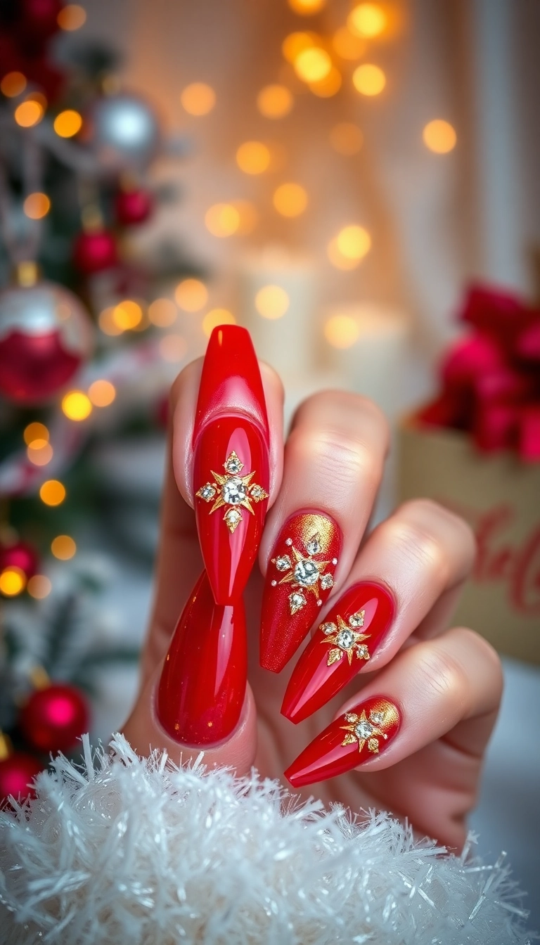 21 Gorgeous Coffin Nail Designs Perfect for Your Winter Wonderland! - 2. Festive Red and Gold