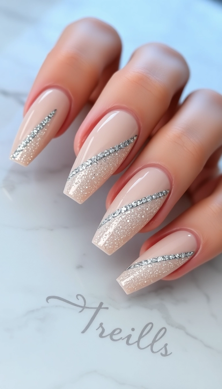 21 Gorgeous Coffin Nail Designs Perfect for Your Winter Wonderland! - 7. Glittery Silver Stripes