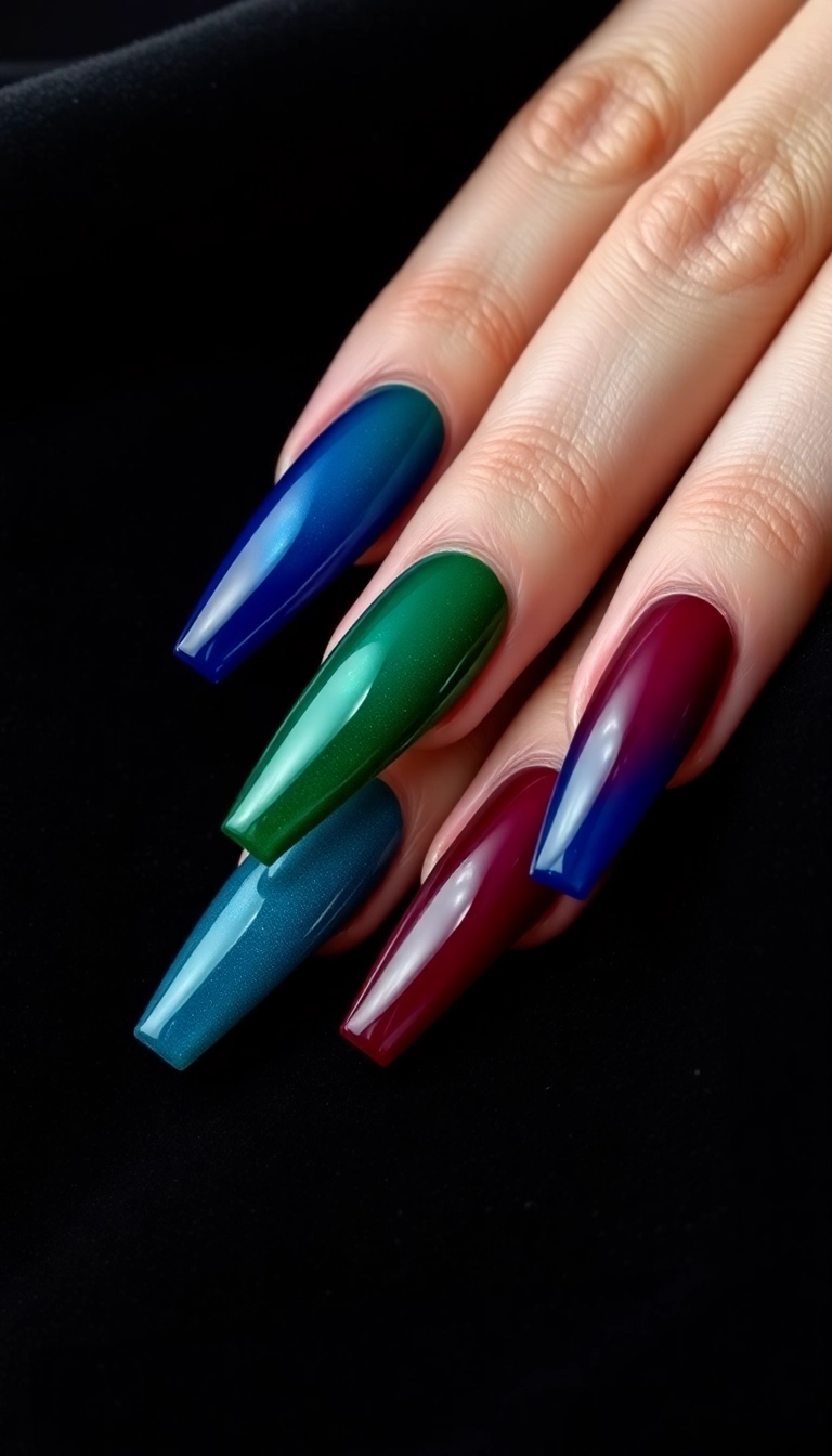 21 Gorgeous Coffin Nail Designs Perfect for Your Winter Wonderland! - 8. Jewel Tones